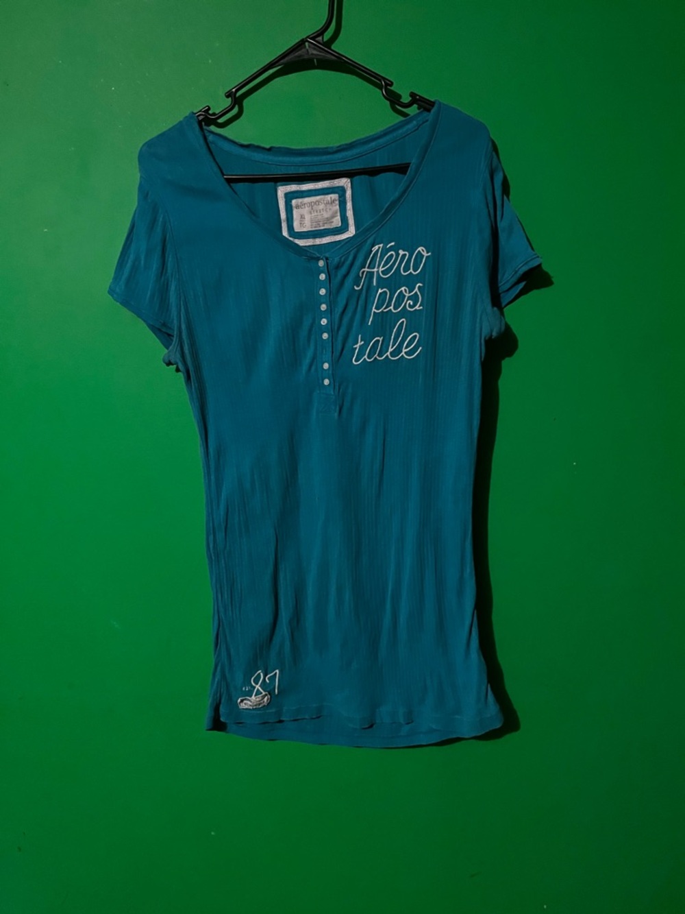 Aeropostale Teal Short Sleeve Henley Top with Script Logo